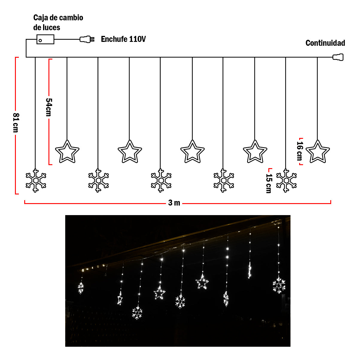 Luces Led Estrellas y Copos 260 Luces 3m Navidad Blanco 1627B