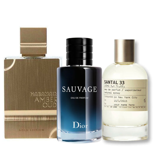 PROMO 30 KIT PERFUMES (AL HARAMAIN AMBER OUD + SAUVAGE + SANTAL 33) CALIDAD 1.1